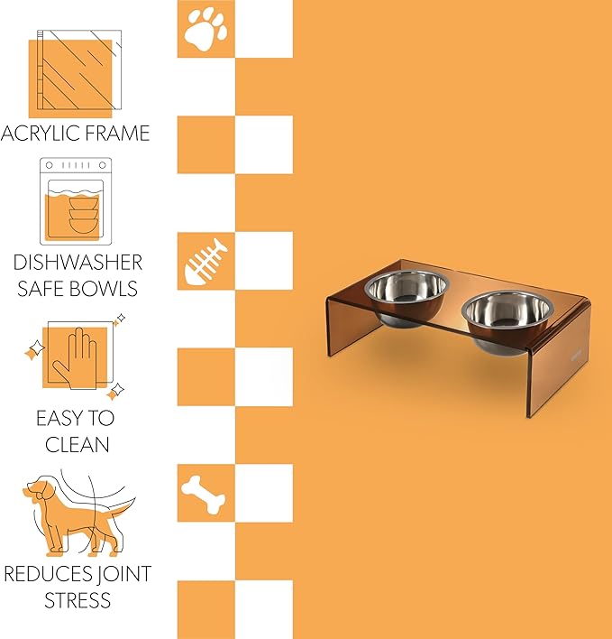 The LICKER Store DBL2001D Keaton 7.5" Medium/Large Modern Acrylic Rectangular Elevated Pet Feeder with 54oz 2-Stainless Steel Bowls, Amber/Chrome