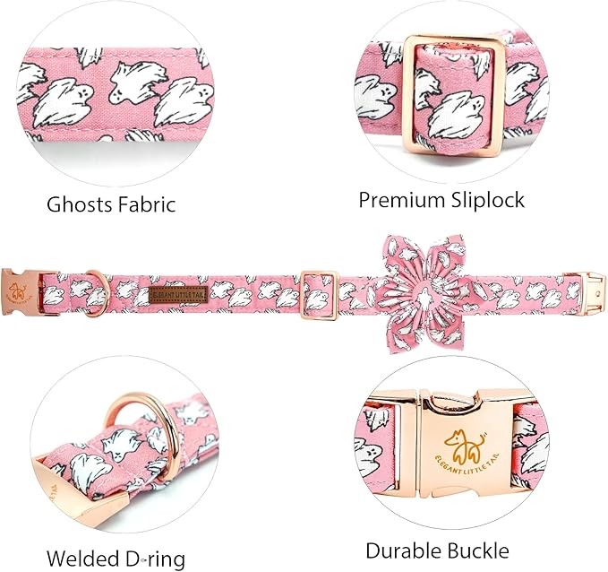 Elegant little tail Halloween Dog Collar, Pink Ghosts Print Dog Collar with Flower Puppy Collar Flower Female Cotton Adjustable Collars for Small Medium Large Dogs