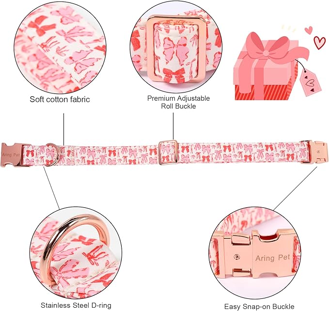 ARING PET Valentine's Day Collar for Dog, Cute Pink Sailor Bowtie Heart Puppy Pet Collars for Small Medium Large Girl Dogs-S