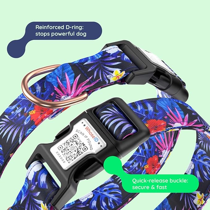 WhoseID Airtag Dog Collar,with Waterproof airtag Holder，Original Stylish Cute Pattern Design.QR Code ID Buckle，Comfortable Soft Cotton for Small Medium Large Dogs