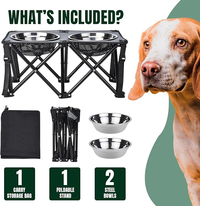 Foldable Camping Elevated Dog Bowl Stand – 10" Height Raised Dog Feeding Stand with 2 Stainless Steel Bowls 2.6" Depth – Portable Food and Water Bowl Set for Medium and Large Dogs – Black