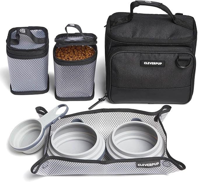 Cleverpup Small 7-Piece Bistro Box Dog Food Travel Kit, 6-Cup BPA-Free Kibble Storage, 2 Silicone Bowls, Mat & Scoop - Portable Pet Food Kit for Weekends, Overnights, Daycare & Camping, Graphite