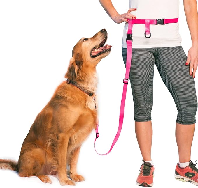 The Buddy System Hands Free Dog Leash, Adjustable Leash for Running, Jogging, Training and Service Dogs, Great for Small, Medium and Large Dogs, Made in USA (Pink, Large Belt (27"- 50" Waist))