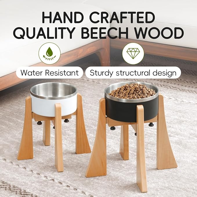 Elevated Dog Bowl - Nature Beech Wood Stand 12-inch High Neck-Protecting Raised Stand with Durable Stainless Steel Bowl for Large Sized Dog Non Toxic Pet-Friendly Feeder