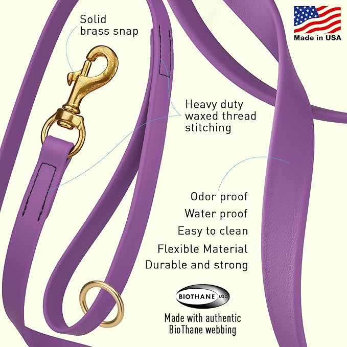 Viper Biothane K9 Working Dog Leash Waterproof Lead for Tracking Training Schutzhund Odor-Proof Long Line with Solid Brass Snap for Puppy Medium and Large Dogs 20in, Amethyst Purple
