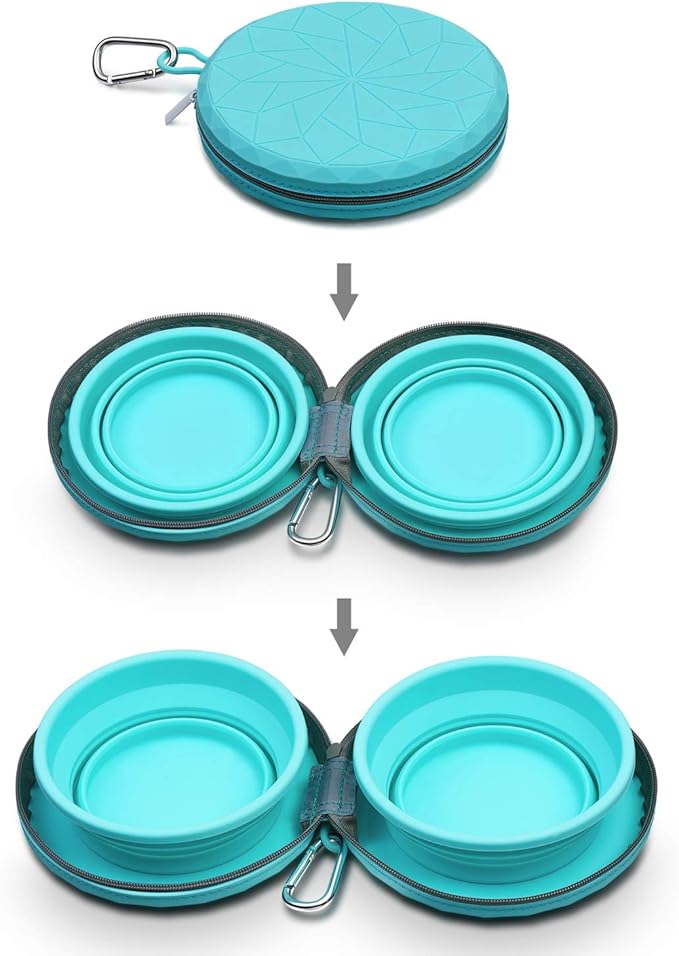 KALLAK Collapsible Silicone Twin Bowls with Zipper Silicone Case, 2 in 1 Portable Travel Dog Feeder, Pop Out Non-Skid Food and Water Bowl with Carabiner Clip