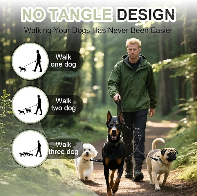 No Tangle 3 Dog Leash - Main Lead Rope with Padded Handle, Three Detachable Leash Splitters, Heavy-Duty Clip, 4.76ft for Walking, Running, Small, Medium, Large Dogs (Black)
