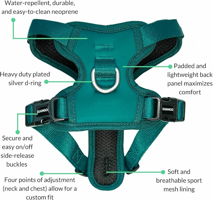 DJANGO Tahoe No Pull Dog Harness – Escape-Proof Dog Harness for Small & Medium with Front & Back Clips for Everyday Use – Adjustable, Padded, Reflective, Secure Fit, Easy On/Off – Dark Teal, Medium
