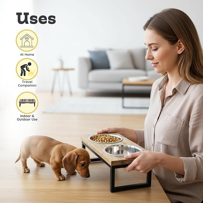 Elevated Dog Bowls, Small 4 Height Mango Wood Raised Dogs Bowl Stand Iron Frame with 16oz 2 Pcs Stainless Steel Pet Dishes | Food & Water 2Cup, 0.47L Capacity Nonslip Cats Feeding Station