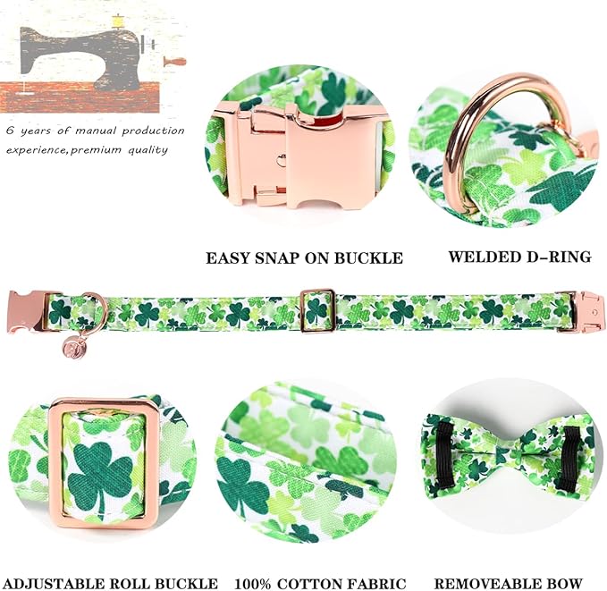 DOGWONG St. Patrick's Day Dog Collar-Cute Clovers Dog Collar with Bow, Cotton Trefoil Bowtie Dog Collars with Metal Buckle for Small Medium Large Dogs