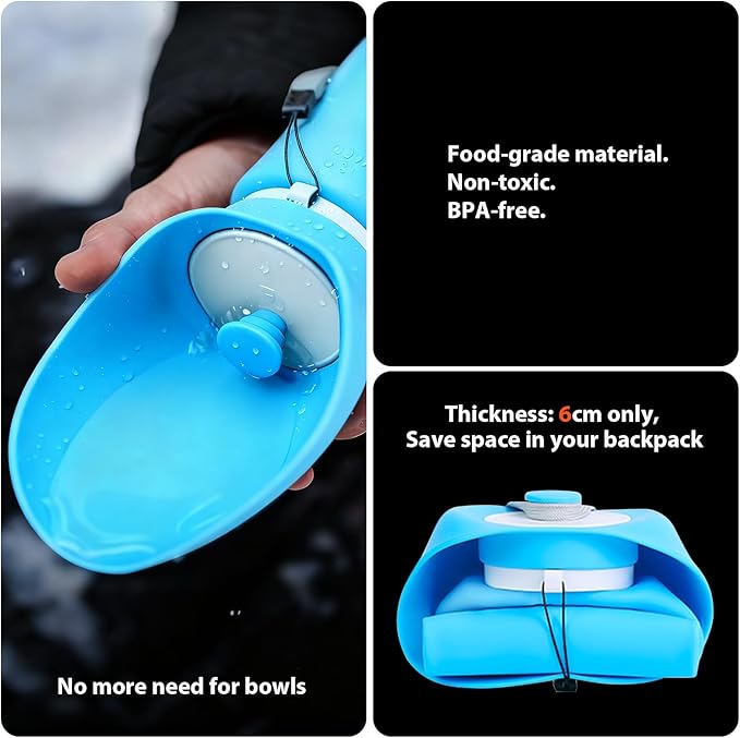 Portable Dog Water Bottle, 2-in-1 Leak Proof & Collapsible Silicone Pet Dispenser with Built-in Bowl, Food Grade Travel Cup for Walking, Hiking (19oz/550ml, Blue)