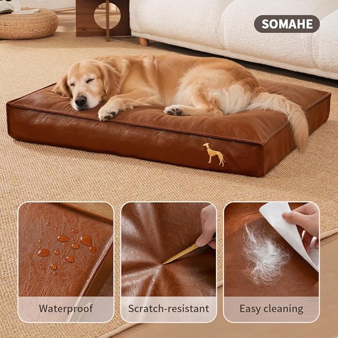 Dog Bed Medium Size Dog Orthopedic Beds for Small Dogs with Removable Washable PU Leather Cover Waterproof Brown 35.4×27.5×4inch