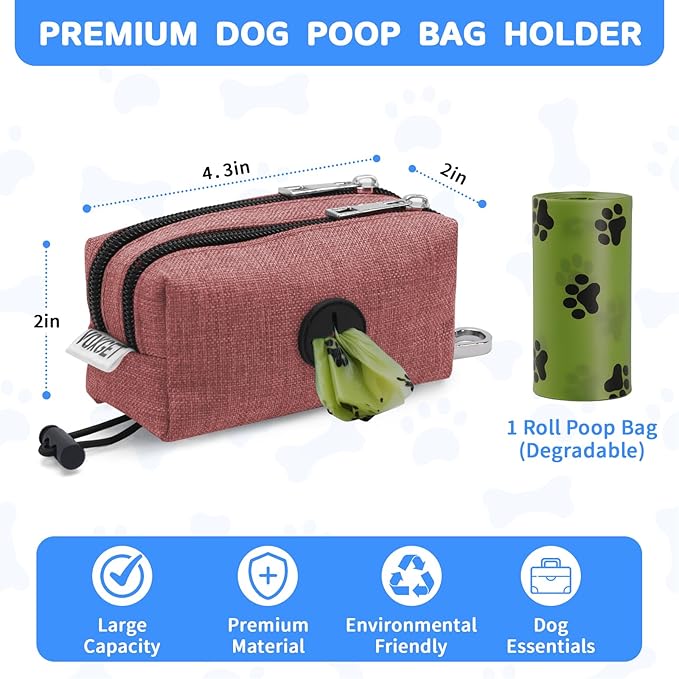 Dog Poop Bag Holder for Leashes, Dog Waste Bag Dispenser with 2 Zipper Pockets and Clip for Pets Doggy Training, Puppy Treat Pouch Carrier with 1 Roll Poop Bags for Walking Accessories (Red)