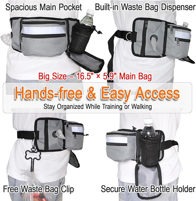 Pet Training Waist Pack, Dog Training Treat Pouch, Hands-Free Dog Walking Fanny Pack with Poop Bag Dispenser and Bottle Holder, Adjustable Dog Treat Pouches for Pet Training and Walking,Big Size