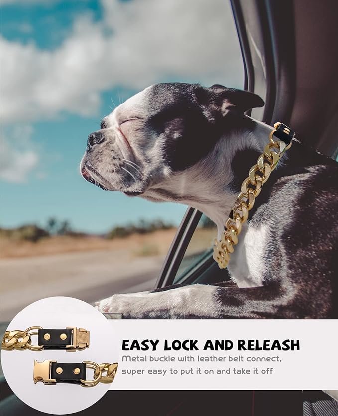 Gold Chain Dog Collar - 7/8 inch Wide Metal Cuban Link Dog Necklace with Leather Belt, Lightweight Protect Puppy's Neck, Cute Fashion Dog Jewelry Accessories 16 inches