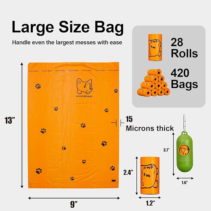 Dog Poop Bags Rolls With Dispenser, Strong and Leak-proof Waste Bags for Pets, Floral Scented, 420 Count (28 Packs of 15), 13 Inch x 9 Inch (Orange)