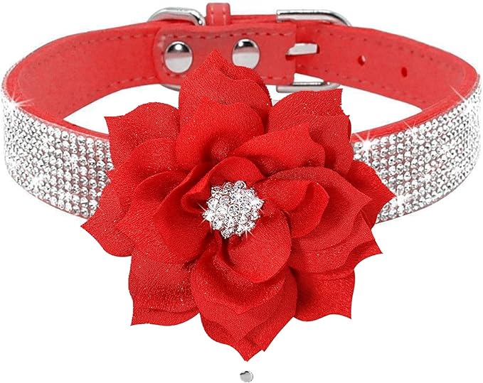 Cute Dazzling Sparkling Elegant Fancy Soft Suede Leather Bling Rhinestone Crystal Jeweled Pet Cat Dog Puppy Collar Dog Leash Combo Set (S(Neck 10-12.5"), Red-6)
