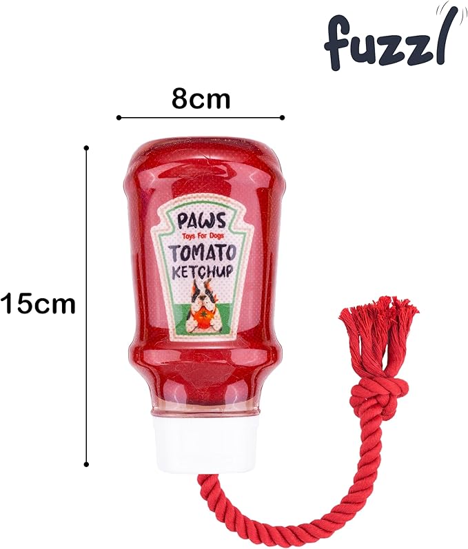 Fuzzl TPR Ketchup Bottle Rubber Dog Toy with Rope – Durable Chew & Tug Toy for Small, Medium & Large Dogs – Tough – Interactive Fetch, Tug-of-War & Dental Health Play