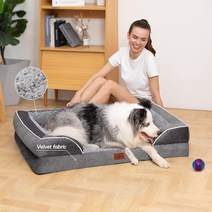 Comfort Expression Orthopedic Dog Bed for Extra Large Dogs 42x30 Inch, Waterproof Egg Crate Foam XL Pet Bed with Removable Bolsters, Dog Couch with Washable Cover & Non-Slip Bottom, Grey