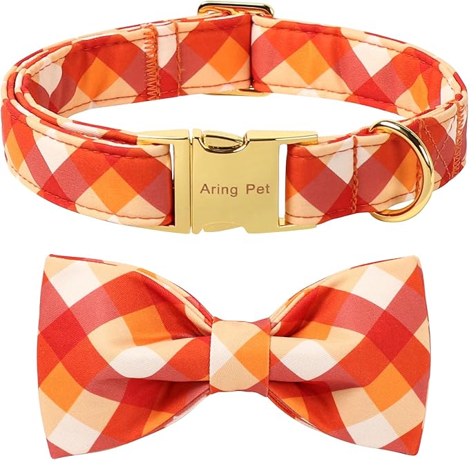 ARING PET Fall Dog Collar with Bow, Halloween Orange Grid Cute Pet Collars with Quick Release Buckle for Puppy Small Medium Large Girl Boy Dogs-S