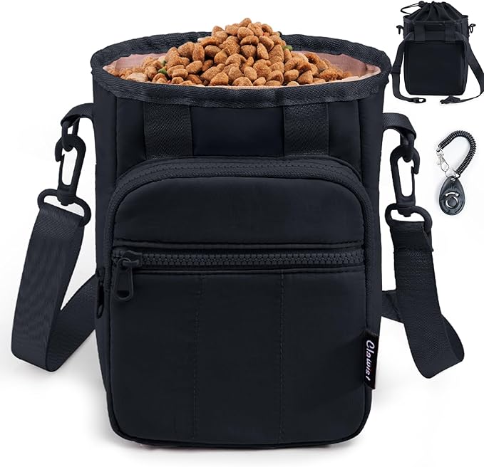 Stylish Dog Training Treat Pouch with Waist & Shoulder Strap, Dog Treat Bag for Walking and Training, Removable Waterproof Liner, Drawstring Treat Holder with Front Pocket & Clicker