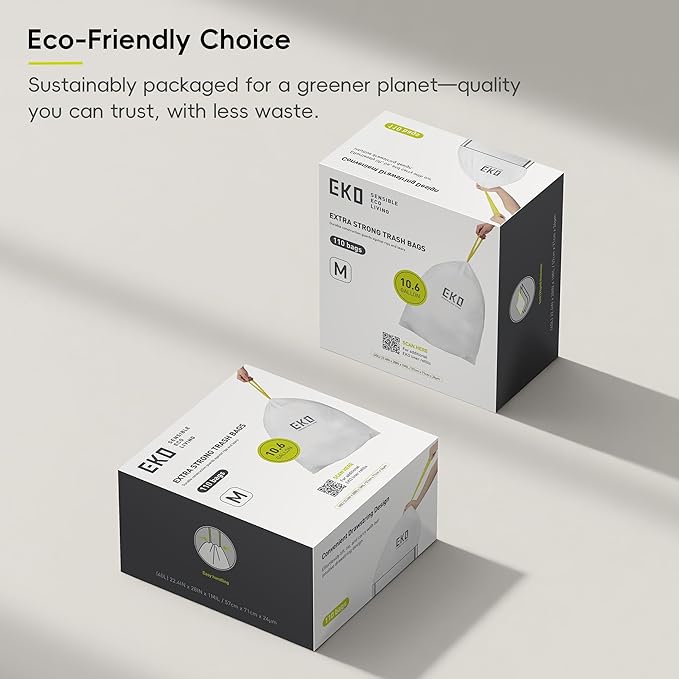 EKO 10.6 Gallon / 35–40 Liter Drawstring Trash Bags, 110 Count Heavy-Duty Tall Kitchen Garbage Can Liners, Extra-Strong Leak-Resistant, Unscented, White, Code M