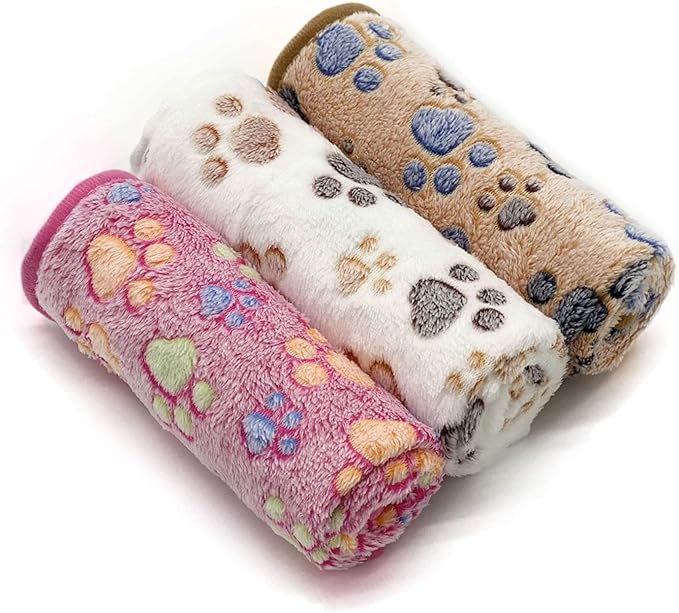 SORKUT 1 Pack 3 Puppy Dog Blankets Super Soft Warm Sleep Mat Fluffy Premium Fleece Pet Blanket Flannel Throw for Dog Puppy Cat - Paw Print Beige/Pink/Brown Large(40"x30")