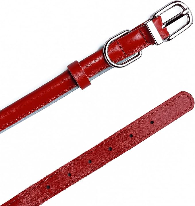 OOPSDOGGY Rolled Leather Dog Collar Reflective Roll Collars for Small Medium Large Dogs Puppy (Red, XXS, 7''- 9'')