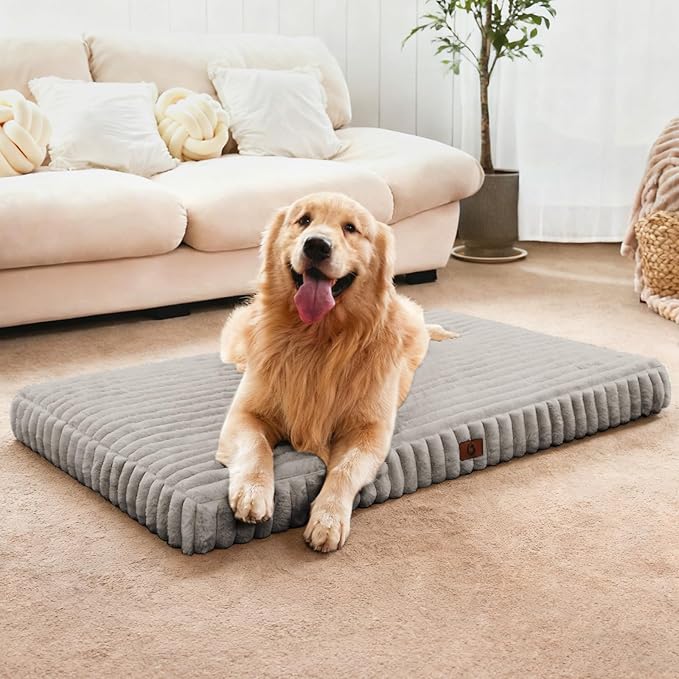 Large Orthopedic Dog Crate Bed with Waterproof Lining, Soft Short Plush Surface & Egg Crate Foam for Calming Puppy, Machine Washable Pet Bed with Removable Cover & Anti Slip Bottom