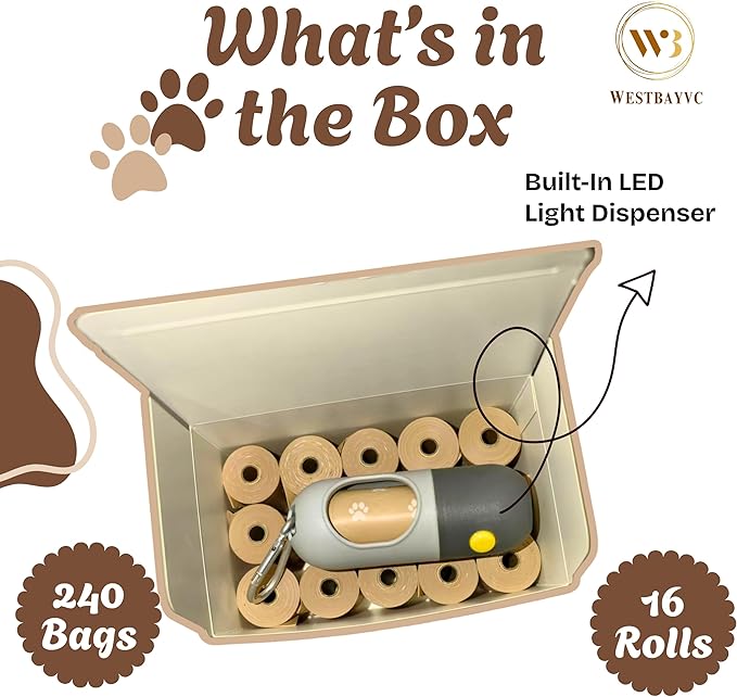 Home Compostable & Biodegradable Dog Poop Bags Thick Leak Proof 240 Bags / 16 Rolls with Poop Bag Dispenser & Flashlight for Night Walks-Joyful Waggers by WESTBAYVC