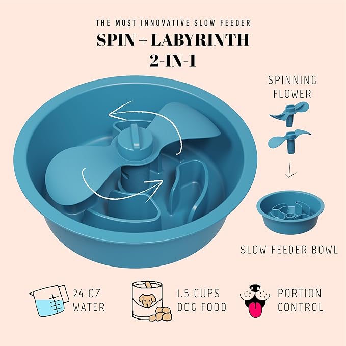 AVERYDAY Slow Feeder Dog Bowls for Medium Breed, 1.5 Cups Engagement Food Puzzle Bowl with Spinning Slow Feeder Insert, Non-Slip Base, Fits for Raised Stand, Hard Maze Design for Medium and Small Dogs