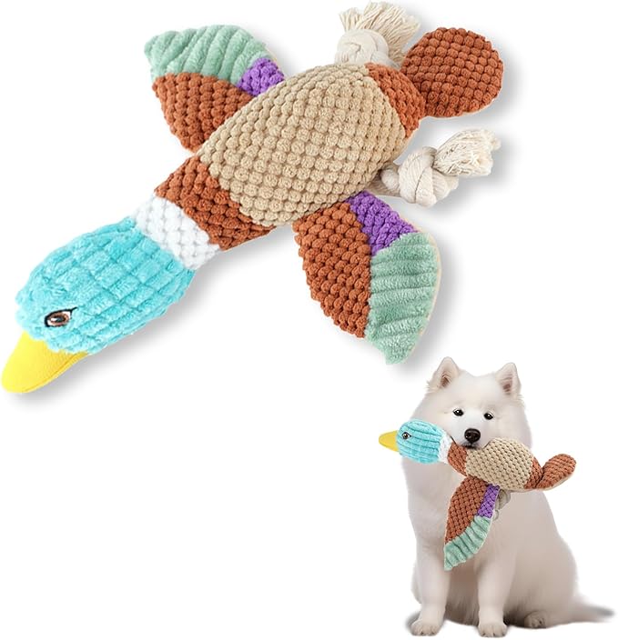 Duck Dog Toys for Aggressive Chewers, Squeaky Crinkle Plush Puppy Chew Toy with Rope Legs for Small Medium Large Dogs, Stuffed Duck Dog Toy for Teething, Tug