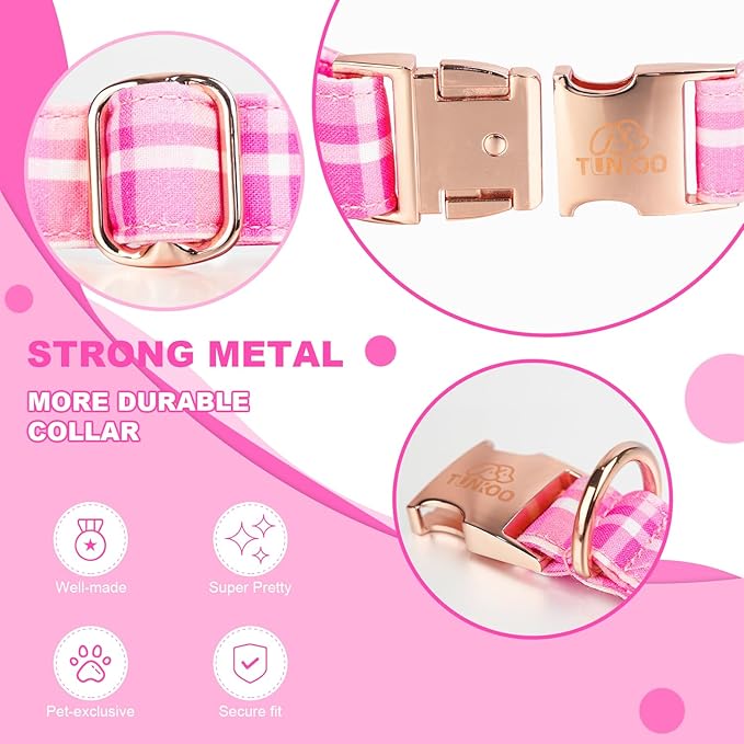 Tunkoo Elegant Pink Plaid Dog Collar with Bow Tie - Durable Adjustable and Stylish Cotton Pet Collar for Girls Small Medium Large, L