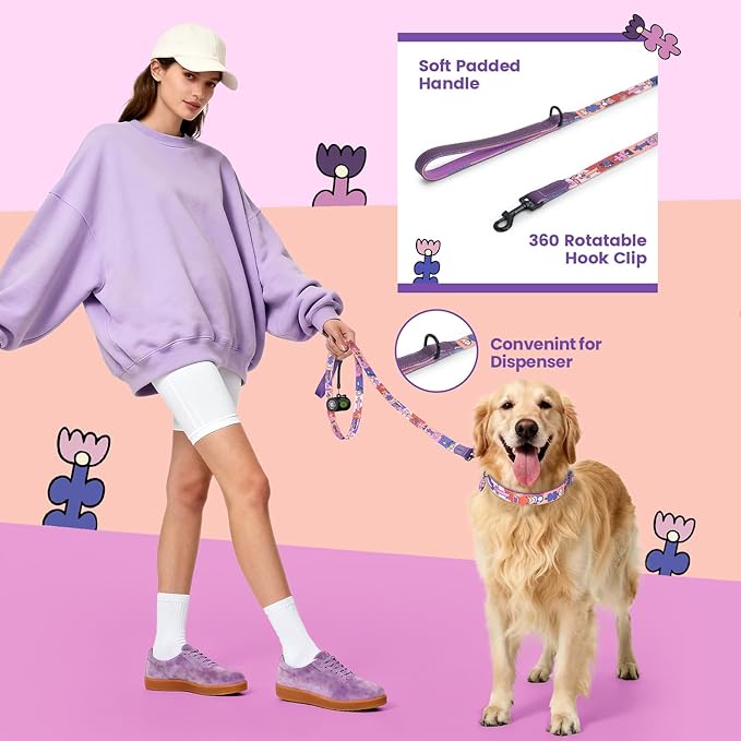 Dog Collar and Leash Set, QR Tag Adjustable Pet Collar, 6 FT Heavy Duty Dog Leash, Padded Handle, Quick Release Buckle, Metal Ring, 360° Swivel Clip for Large Dogs Walking Running (Purple, L)