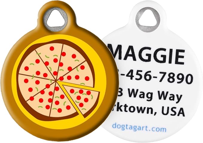 Dog Tag Art Pizza Pet ID Tag for Dogs and Cats, Silent Polymer Coated Stainless Steel Dog Tag with Customized Identification Information - Large 1.25" Diameter