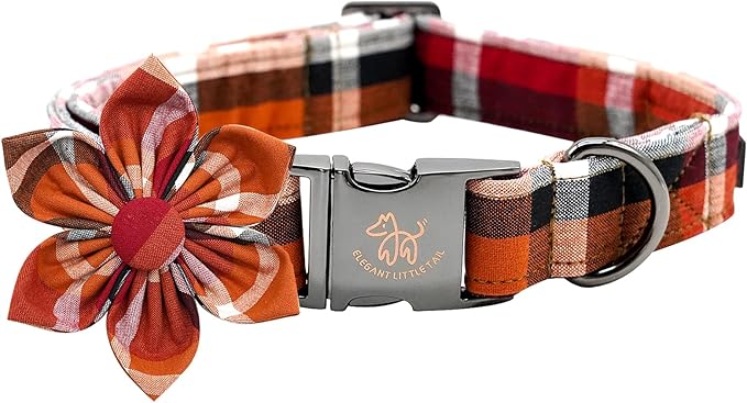 Elegant little tail Fall Dog Collar, Halloween Plaid Dog Collar with Flower Girl Boy Pet Collar Dog Flowers Soft Durable Pet Collar for X-Small Dogs
