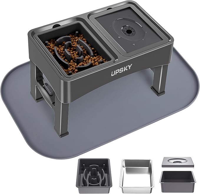 UPSKY 3-in-1 Elevated Dog Bowls with Mat, Large 24 x 16 Inches, 4 Height Adjustable Stand with Slow Feeder, Stainless Steel Bowl for Small to Medium Dogs, Grey