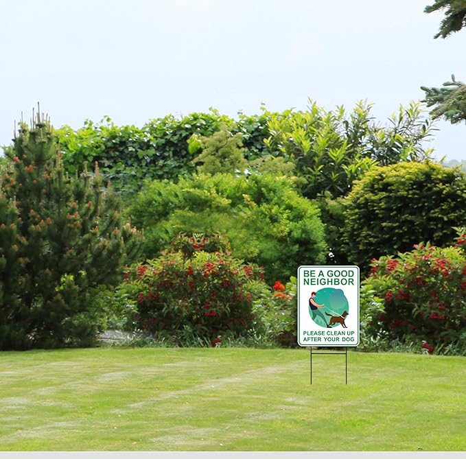 Clean Up After Your Dog Signs (2 Pack, 9 x 12") With Metal H-Stakes, Double Sided,No Dog Poop Lawn Signs,Outdoor & Sturdy