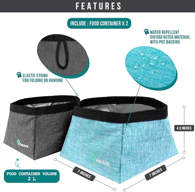 PetAmi Collapsible Dog Travel Bowls, Large Lightweight Foldable Bowl, Water Food Bowls for Pets Dogs for Hiking, Camping, Backpacking, Kibble, 2 Pack (Sea Blue, Grey)