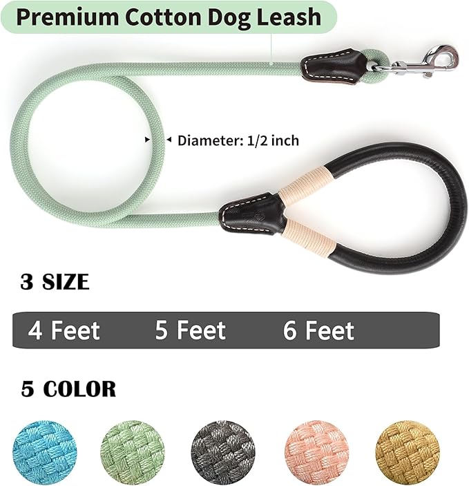 Mile High Life Genuine Leather Wrapped Handle Dog Leash, w Heavy Duty Clasp Rope Leash for Small Medium Large Dogs (Green, 4FT)