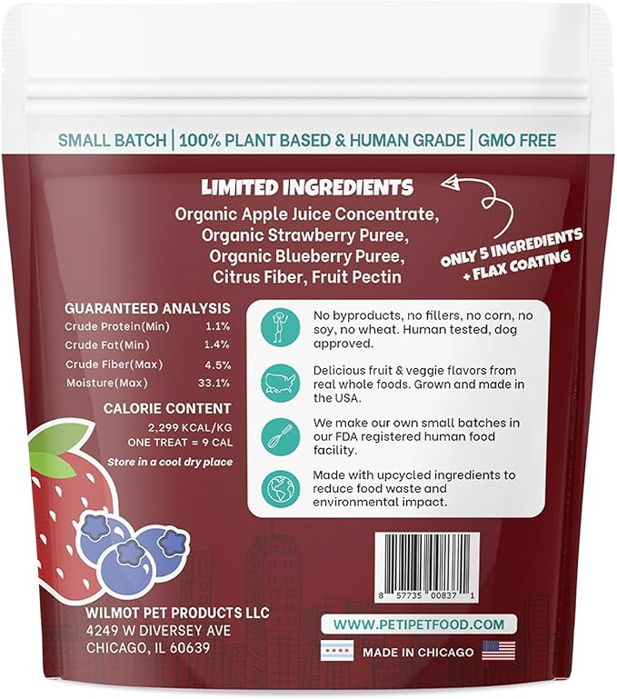 PETIPET Wildberry Plant-Based Fruit Dog Treats - Strawberry, Apple, Blueberry Soft & Chewy - Vegetarian, Vegan Dog Treats with Organic Ingredients - Low-Protein, Hypoallergenic, Gluten-Free