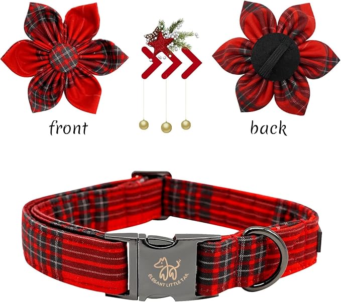 Elegant Little Tail Dog Collar with Flower & Plaid Pattern - Adjustable for Medium Dogs
