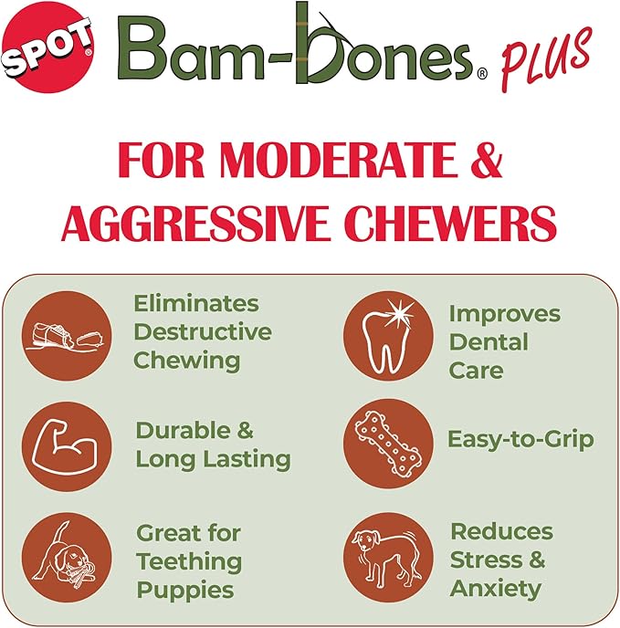 SPOT Bam-Bones Plus Gigglers T-Barbell Durable Dog Chew Toy with Sounds, Bamboo Fiber & Nylon with Rubber Ends, Peanut Butter Flavor, Non-Splintering, for Heavy Chewers & Dogs Under 50 Lbs, 6 Inch