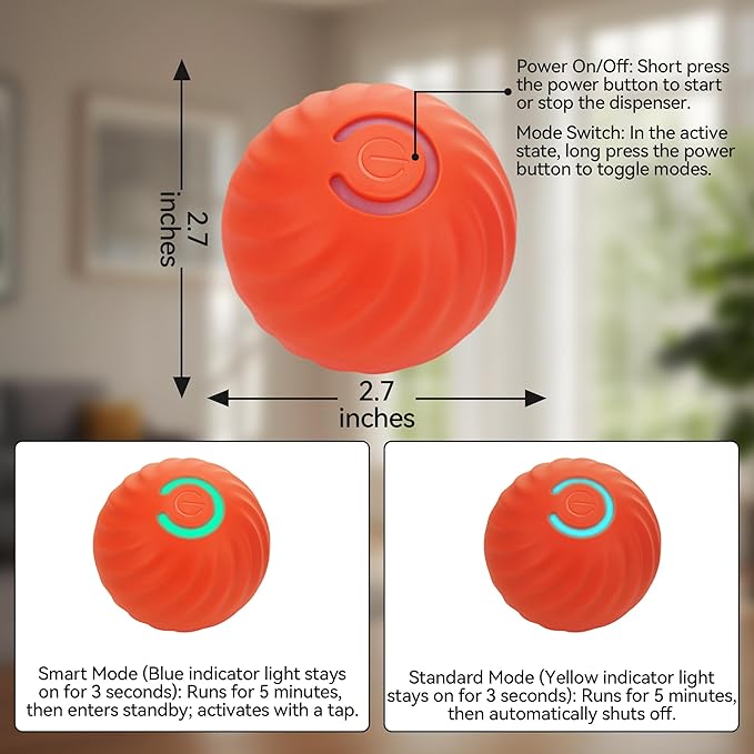 Interactive Dog Ball, USB Rechargeable Automatic Moving Dog Toy with Treat Dispenser, 2.87-Inch Washable TPU Puzzle Ball for Small & Medium Dogs, Exercise & Mental Stimulation (Orange)