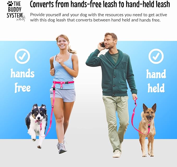 The Buddy System Hands Free Dog Leash, Adjustable Leash for Running, Jogging, Training and Service Dogs, Great for Small, Medium and Large Dogs, Made in USA (Pink, Regular Belt (22"- 40" Waist))