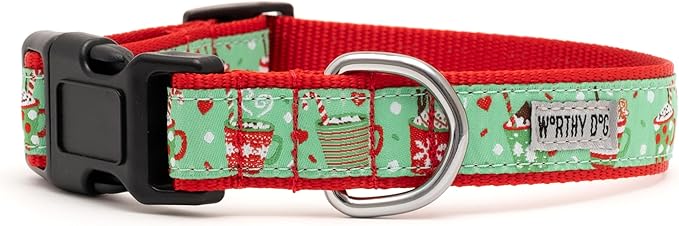 THE WORTHY DOG Collar for Large Dogs, Adjusts 15-21 inches, Durable Nylon Webbing, Quick Release Buckle, Holiday Lattes Pattern, Green, Large