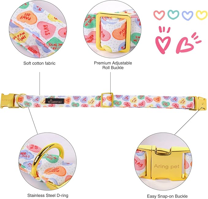ARING PET Valentine's Day Dog Collar with Bow, Cute Adjustable Heart Bowtie Pet Collars with Metal Buckle for Puppy Small Medium Large Boy Girl Dogs-L