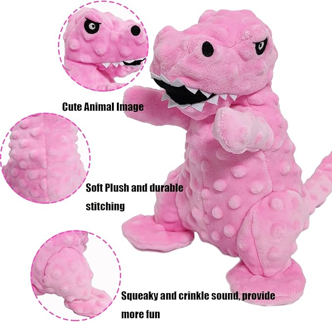 LWBMG Squeaky Dog Toys Stuffed Dog Toys Cute Dinosaur Plush Dog Toy with Crinkle Paper Durable Dog Chew Toys for Small, Middle and Large Dogs Pink