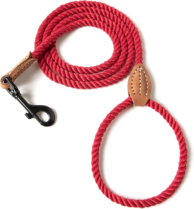 Mile High Life Dog Leash, Braided Cotton Rope Leashes with Leather Tip - Heavy Duty Metal Clasp, 5FT, 1/3" Thick - Wedding, Walking Leash for Small Medium Puppy(Red)