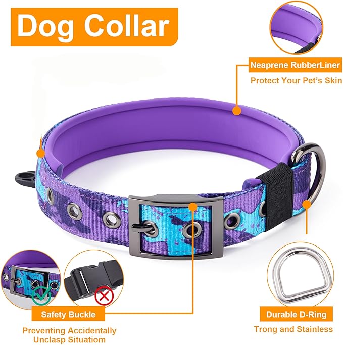 Annchwool Adjustable Dog Collar and 5FT Leash Set with Heavy Duty Metal Buckle–Comfortable Lining Collar &Dual-Handles for Medium Large Dogs Walking,Running,Car Travel (Camo Purple Set,XL:22''-30'')